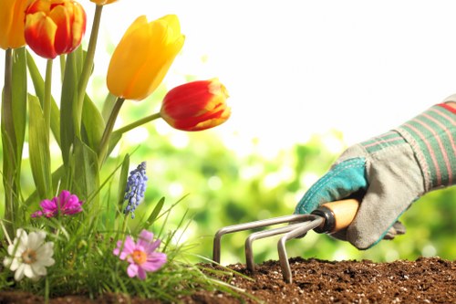 A close-up view of a gardener's hand wearing a striped gardening glove, using a small hand rake to loosen dark, moist soil in a garden bed. To the left, a variety of blooming flowers, including vibrant yellow and red tulips, pink, white, and purple blossoms, grow alongside green foliage. In the background, there is a lush, blurred garden scene with dense, leafy greenery and bright natural light, suggesting a clear, sunny day. The scene reflects typical outdoor gardening activity in a landscaped garden space, possibly in Kingston, with a focus on flower bed maintenance and soil preparation, supporting gardening services offered by Lawn Mowing Kingston.